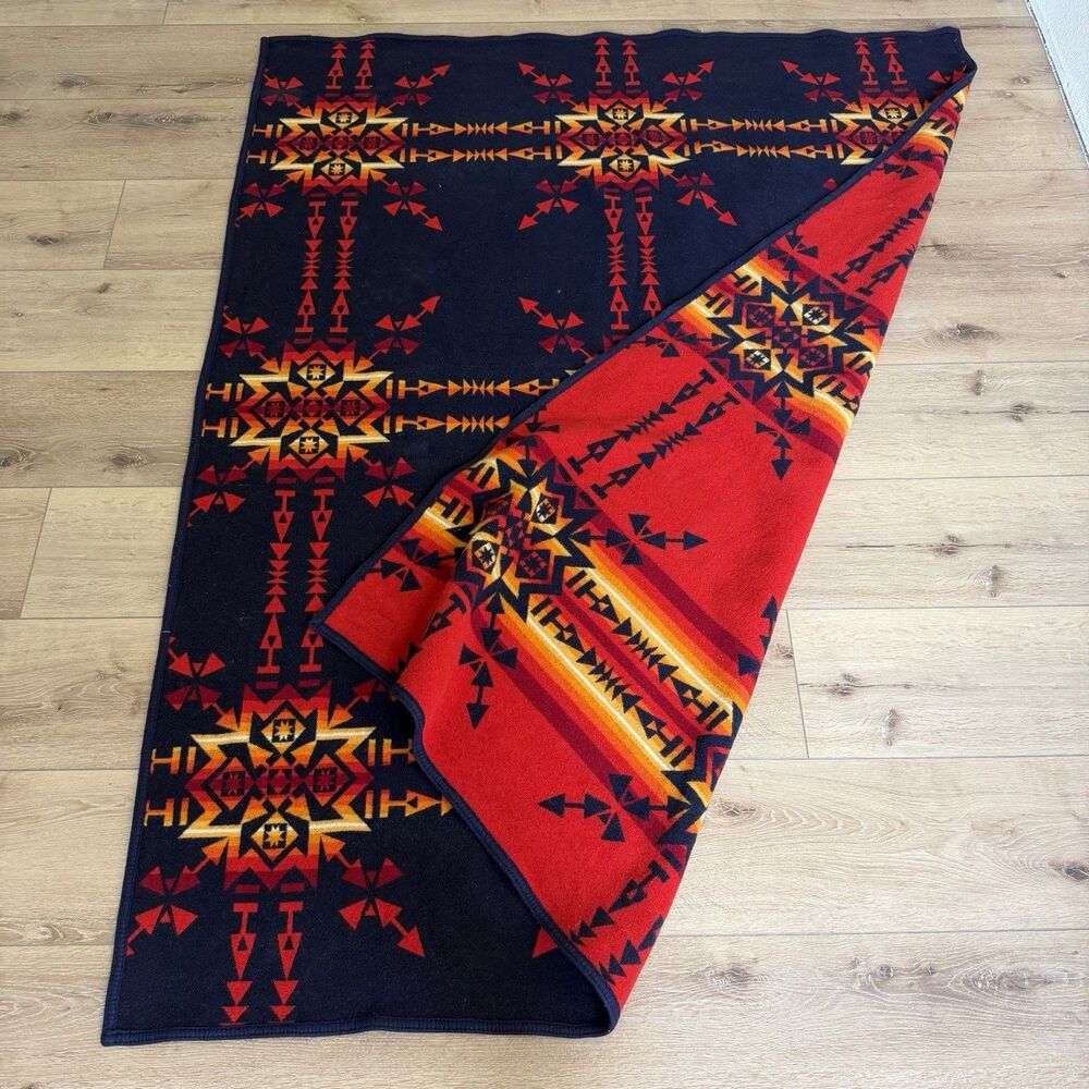 Vtg. Beaver State Pendleton Wool Reversible Aztec Pattern Blanket